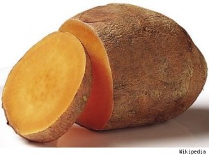 The sweet potato: light brown skin, yellow to orange flesh.